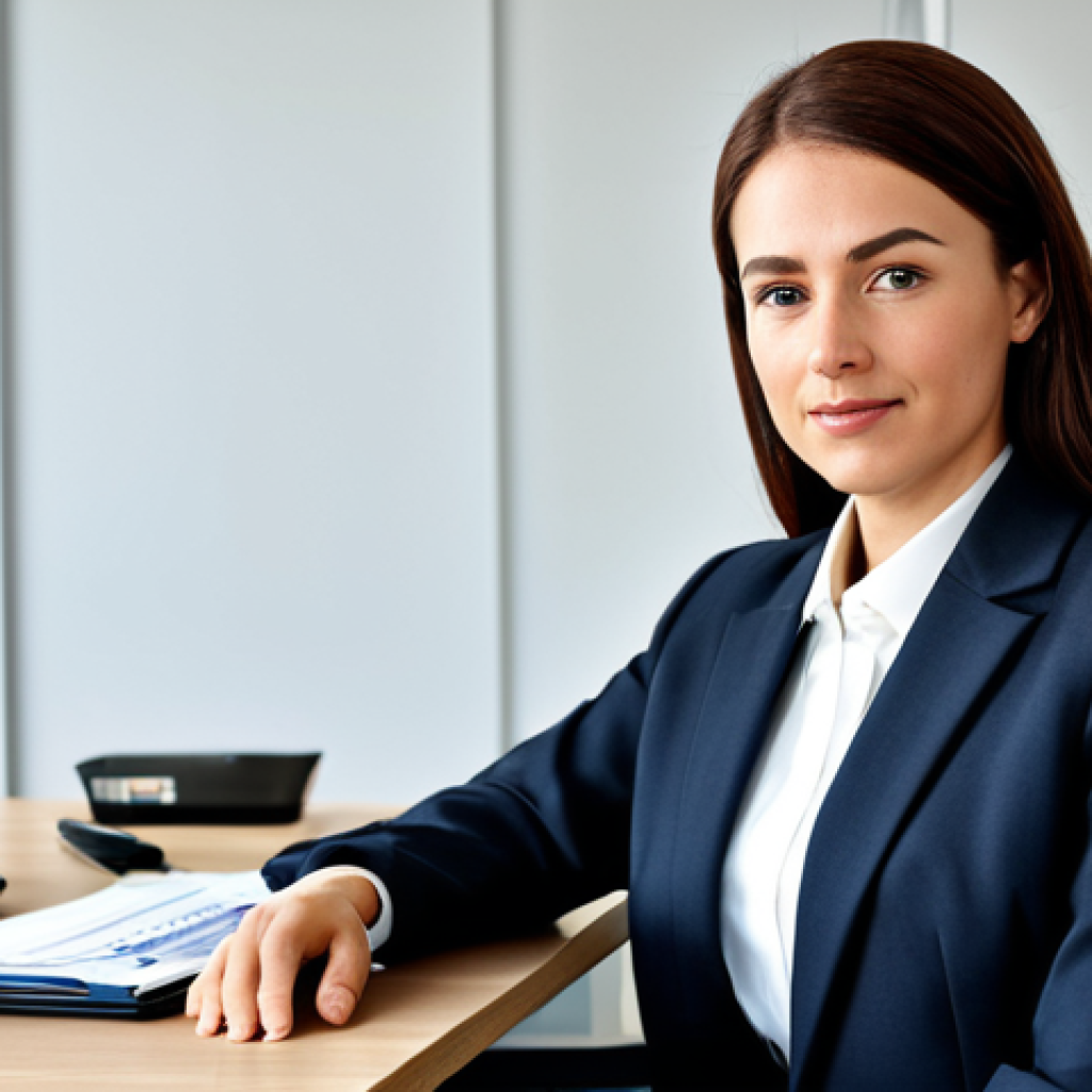 ** A professional businesswoman in a modest business suit, sitting at a desk in a modern office, fully clothed, appropriate attire, safe for work, perfect anatomy, natural proportions, professional photography, high quality.
**