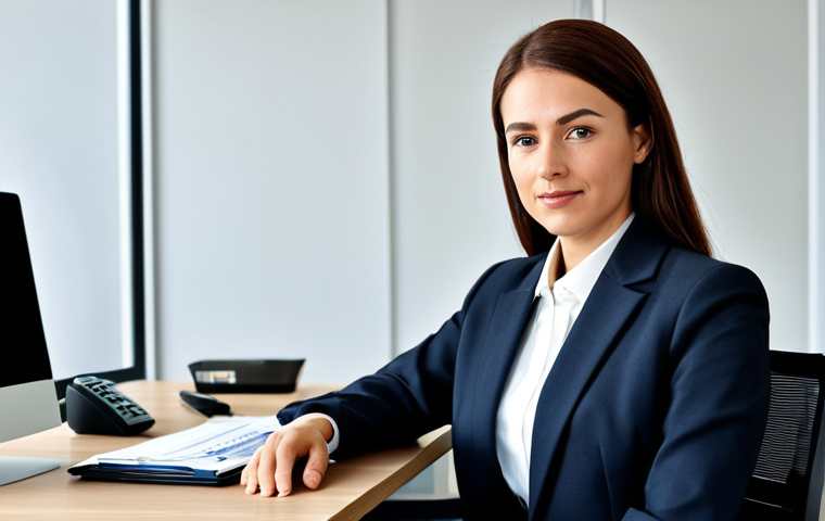 ** A professional businesswoman in a modest business suit, sitting at a desk in a modern office, fully clothed, appropriate attire, safe for work, perfect anatomy, natural proportions, professional photography, high quality.

**