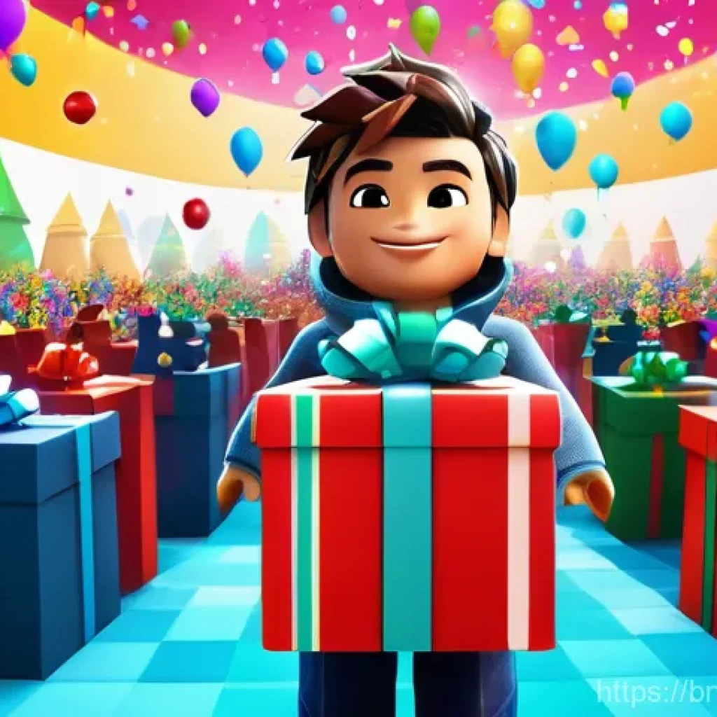 로블록스 아이템 획득 방법 - **Prompt:** A vibrant, cheerful Roblox avatar, fully clothed in a stylish outfit, excitedly receivin...