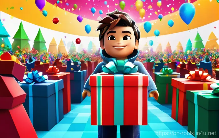 로블록스 아이템 획득 방법 - **Prompt:** A vibrant, cheerful Roblox avatar, fully clothed in a stylish outfit, excitedly receivin...