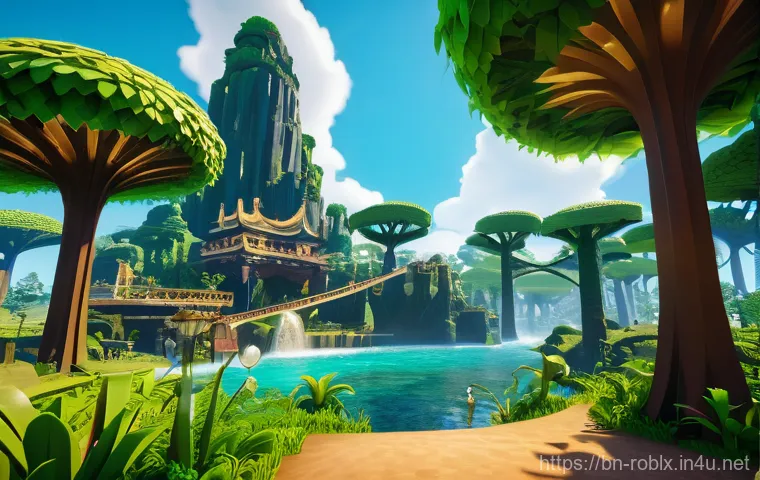 로블록스 테마파크 경영법 - **Prompt 1: Fantasy Jungle Theme Park Adventure**
    "A wide-angle, vibrant, and intricately detail...