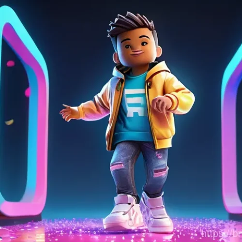 로블록스 무료 아이템 리스트 - **Prompt:** A cheerful Roblox avatar, male or female, standing in a vibrant, stylized digital plaza ...