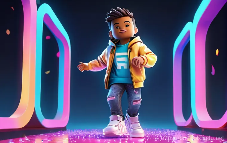 로블록스 무료 아이템 리스트 - **Prompt:** A cheerful Roblox avatar, male or female, standing in a vibrant, stylized digital plaza ...