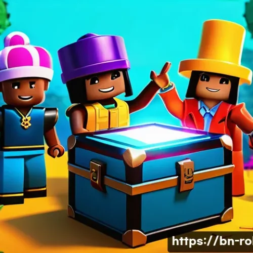 로블록스 데일리 로그인 보너스 - **Prompt:** A group of diverse Roblox avatars cheerfully gathered around a giant, glowing treasure c...