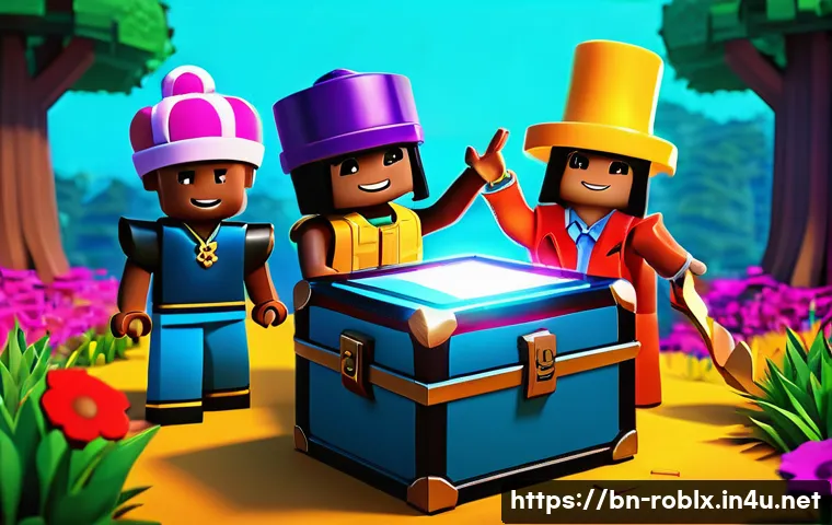로블록스 데일리 로그인 보너스 - **Prompt:** A group of diverse Roblox avatars cheerfully gathered around a giant, glowing treasure c...