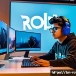 로블록스 마켓플레이스 활용법 - A detailed digital art scene depicting a young Bengali gamer browsing the Roblox marketplace on a sl...