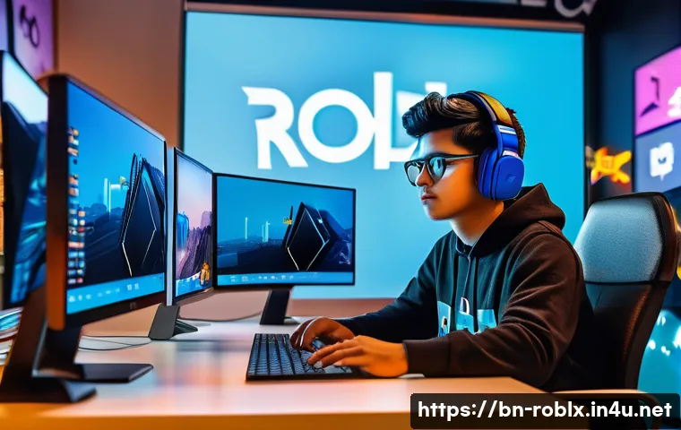 로블록스 마켓플레이스 활용법 - A detailed digital art scene depicting a young Bengali gamer browsing the Roblox marketplace on a sl...
