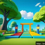 로블록스 미니게임 제작법 - A colorful Roblox mini-game level design scene showing a simple obstacle course with platforms, movi...