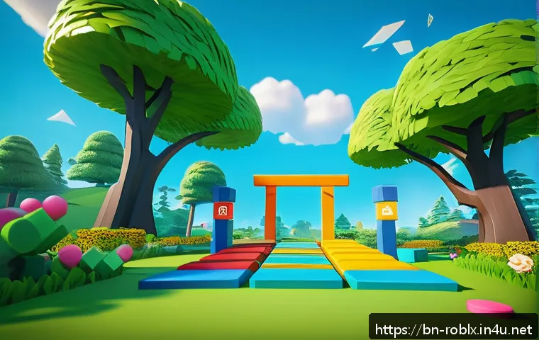 로블록스 미니게임 제작법 - A colorful Roblox mini-game level design scene showing a simple obstacle course with platforms, movi...