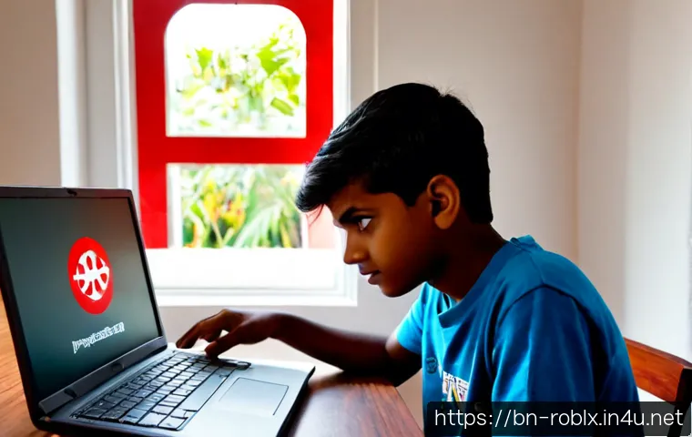 로블록스 제재 사유 및 해결법 - Photorealistic scene of a concerned Bangladeshi teenage boy at a tidy home desk, looking at a generi...
