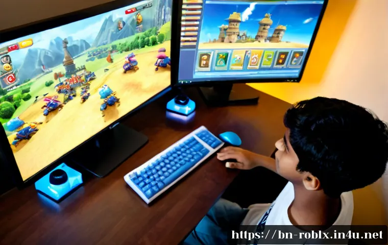 로블록스 타워 디펜스 공략 - Photorealistic overhead view of a focused Bengali teenage gamer at a tidy desk, studying a colorful ...